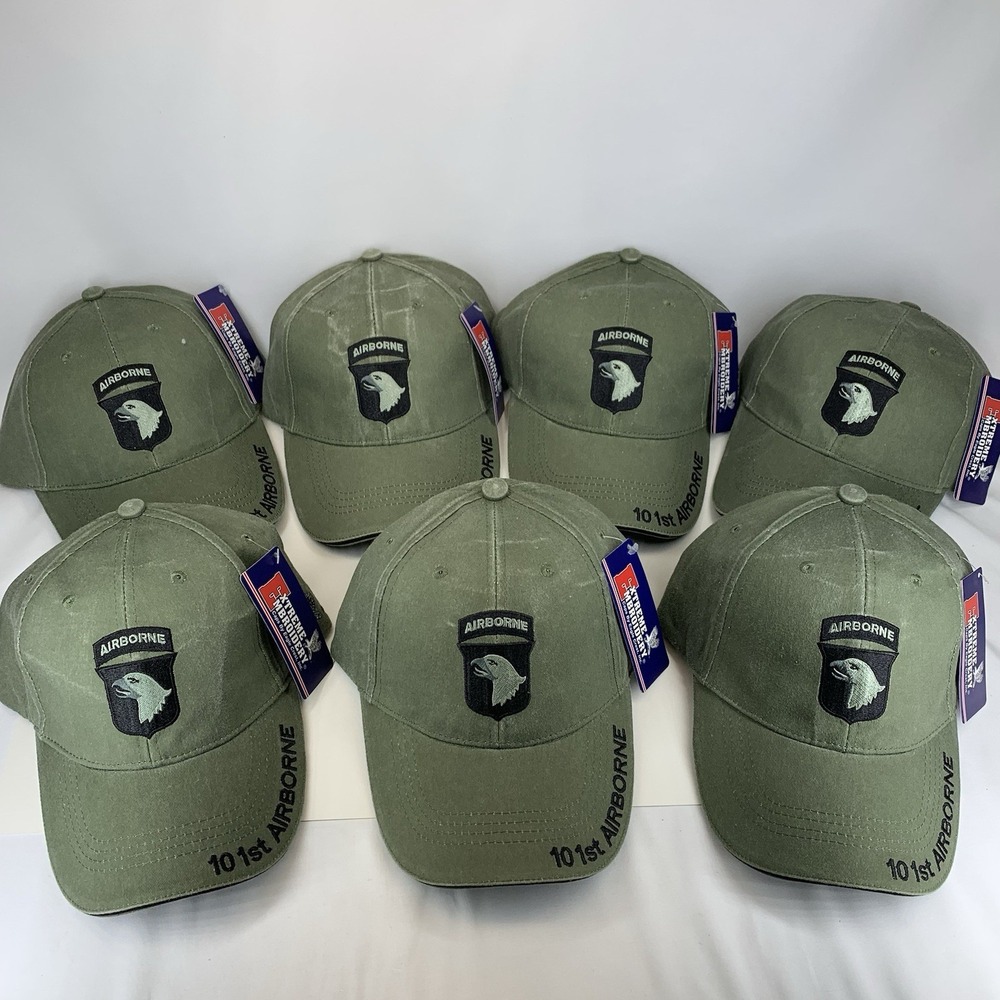 LOT of 7 DEFECT Hats 101st Airborne Army OD Green Eagle Crest OSFM Baseball Caps